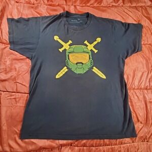 Halo Master Chief Helmet T-Shirt Cotton Short Sleeve Crew Neck Black Size Large